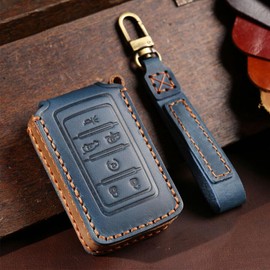 TEAMWILL Leather Key Fob Cover Case Chain 6 Buttons Fit for Jeep Grand Cherokee Wagoneer Keyless (Blue)