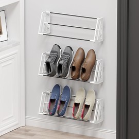 DEYILIAN Wall Mounted Shoe Rack, 3 Pack Wall Shoe Rack Holds 6 Pairs of Shoes with Sticky Adhesive Strips Shoe Organizer Space Saving Wall Mount Shoe Storage for Camper Shoe Hanger White