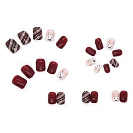 Christmas Acrylic Press on Nails Short Red Fake Nails Square Full Cover False Nails with Design Cute Elk and Glitter Christmas Glue on Nails Winter Xmas Nail Decorations for Women and Girls