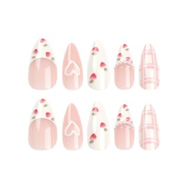 Cute Press on Nails Almond Medium Length Glue on Nails Press ons Heart Fake Nails Pink White Full Cover False Nails Acrylic Pearls Glossy Stick on Nails for Women Girls French Nails 24 Pcs