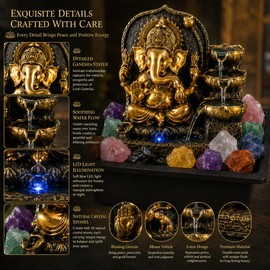 11" Indoor Ganesha Fountain with 4-Tier Lotus Waterfall & 10 Crystal Stones, Tabletop Zen Water Fountain for Home Office Meditation Decor