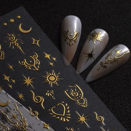 8 Sheets Sun Moon Star Nail Stickers for Nail Art, 3D Laser Nail Decals Rose Gold Silver Nail Art Stickers Boho Sun Totem Stars Moon Heart Charm Nail Designs Nail Stickers for Women Nail Supplies