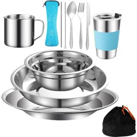 Outdoor Camping Cutlery Set Stainless Steel Tableware for 1-2 Person Camping Tableware Measuring Kit Complete Tableware Set 12 in 1 Flatware Kit with Mesh Bag for Camping, Backpack, Hiking