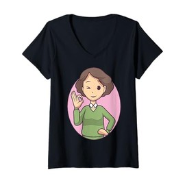 Womens Cartoon Character Waving For Kids Beauty Okay Auntie V-Neck T-Shirt
