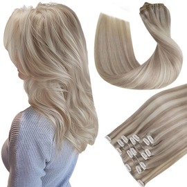 Hetto Blonde Clip in Extensions Human Hair 22 Inch #17/23 Dirty Blonde Highlight Platinum Blonde Clip on Human Hair 7pcs 120g Clip in Hair Extensions Real Human Hair
