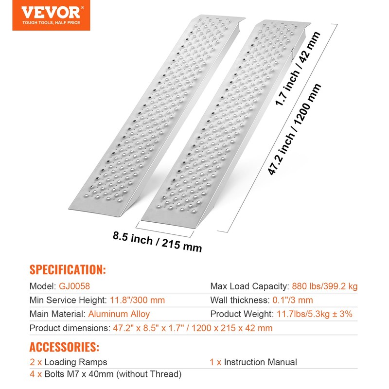 VEVOR Aluminum Ramps, 880 LBS Capacity 47.2" x 8.5" Loading