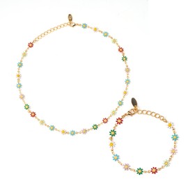 JEM Renaissance Choker Necklace Bracelet Jewelry Set Gold 18k Copper-plated Multi-Colored Oil Drop Floral Stones for Women