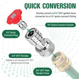 SMALLSHS Garden Hose to Pressure Washer Adapter, Hose Quick Convert, 3/4” GHT to 1/4”Stainless Steel Quick Connect, Convert Water Hose Set with 5 Nozzles for Plant Watering, Patio, Garden, Garage
