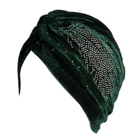 Decou Feather Image Velvet-Feel Twist Pleated Hair Wrap Stretch Turban Hat (Green)