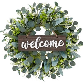 Weldomcor 55cm Large Artificial Green Eucalyptus Wreaths with Wooden Welcome Sign Spring Summer Wreath for Front Door Wedding Home Farmhouse Wall Window Porch Patio Garden Decoration, Brown