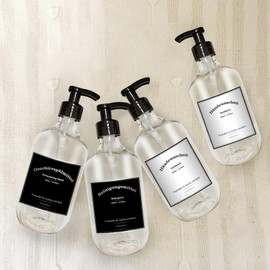 Soifenspend Plastic, Set of 4 Soap Dispensers 500 ml with Labels, Pump Bottles Set Bathroom, Shampoo Bottle (500 ml Transparent)