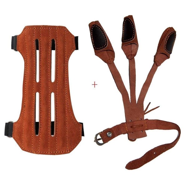 Toparchery Leather 2 Straps Arm Guard & 3 Finger Protective Gloves for Recurve Compound Long Bow Hunting Shooting Brown