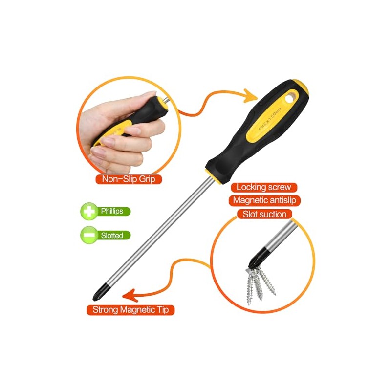 9pcs Magnetic Screwdrivers Set, Including 12in Phillips and Slotted Screwdrivers,
