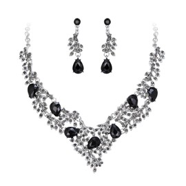 Ever Faith Women's Wedding Jewelry Sets Black Rhinestone Crystal Floral Leaf Vine Teardrop Necklace Dangle Drop Earrings Set for Brides Bridal Silver-Tone