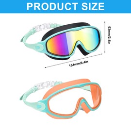 Swim Goggles for Kids 3-15, Anti-Fog, Anti-UV, No Leak, Wide View Large Frame Swimming Goggles with Earplips & Nose Clip, Adjustable Comfortable Glasses （2 Pack）