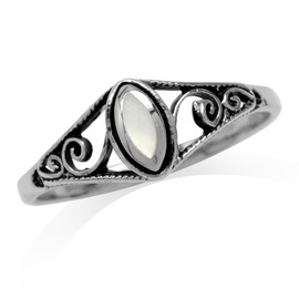 Silvershake Petite White Mother of Pearl Inlay 925 Sterling Silver Filigree Swirl and Spiral Style Ring Size 6.5