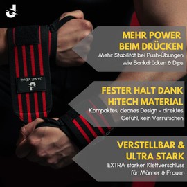 JAMIE VIDAL® Wrist Wraps 60 cm - Wrist Wraps for Fitness, Weight Sports, Bodybuilding, Crossfit - Wrist Support with Strong Wrist Support for Men & Women (Red Black)