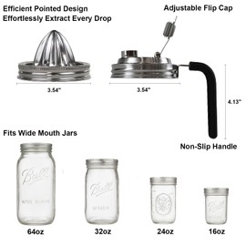 Stainless Steel Mason Jar Pour Spout & Juicer Lid, Reusable Leaking Proof Flip Cap with Handle, Citrus Reamer for Wide Mouth Jars - Includes Bottle Cleaning Brush