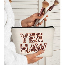 Yee Haw Cowgirl Cow Print Glitter Vintage Western Farmhouse Makeup Bag Cosmetic Bag Zipper Travel Toiletry Bag Best Birthday Christmas Gift Idea for Cowgirls Teen Girls Women,Cowgirl Gifts for Girls