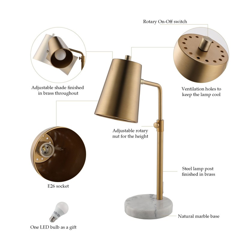 VONLUCE Gold Desk Lamp with LED Bulb Adjustable, Antique Brass