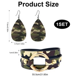 Bmpzery Camo Earrings for Women & Men, Camouflage Bracelet & Earrings Set - 3 Piece Black White Camo & Cheetah Leather Wrap Jewelry, Adjustable Boho Outdoor Stackable Unisex Gift