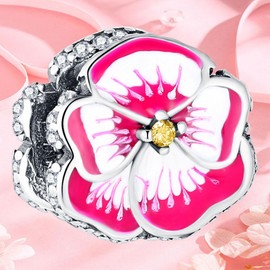 WINRARO Pink Pansy Flower Charm for Bracelets 925 Sterling Silver DIY Bead Charms Jewelry Gift for Women Girls Mom Family, Silver