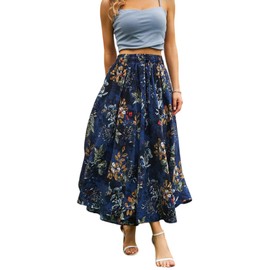 Zeagoo Skirts Women's Midi Length Elegant Skirt High Waist Maxi Skirt with Drawstring Plain Casual Skirt Wedding Cocktail Skirt, navy blue print