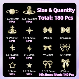 180 Pcs Metal Golden Star Planet Bow Nail Charms, Gold Bows Nail Art Studs Charms, 3D Alloy Star Nail Charms, Golden Planet Nail Charms for Acrylic Nails, Bow Nail Jewelry for Nails DIY Y2K