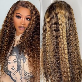 ACIWP Highlight Ombre Lace Front Wig Human Hair Pre Plucked 13x6 HD Honey Blonde 4/27 Deep Wave Lace Frontal Wigs 200% Density Glueless Colored Wigs for Women Wet and Wavy Lace Front 20 Inch