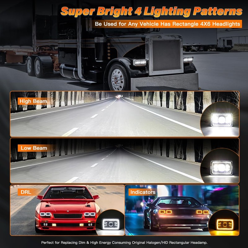 BAOLICY 4x6In LED Headlights DOT Approved 2PCS Hi/Low Beam White/Amber