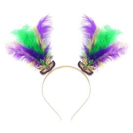 YAHPERN Mardi Gras Headbands for Women Mask Fleur De Lis Hairband Carnival Feather Headwear Mardi Gras Hair Accessory Gifts