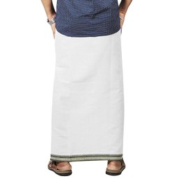 Kolakeer® Men's Cotton Color Dhoti - Kerala Style Single Dhoti Mundu with Trendy Tower Border - 4 Mulam/2.0 Mtrs (Classic, White)