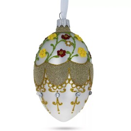 BESTPYSANKY Multicolor Flowers On White Glass Egg Ornament 4 Inches