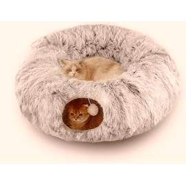 OurWarm Fluffy Plush Cat Dog Tunnel Bed with Washable Cushion-Big Tube Playground Toys Diameter Longer Crinkle Collapsible