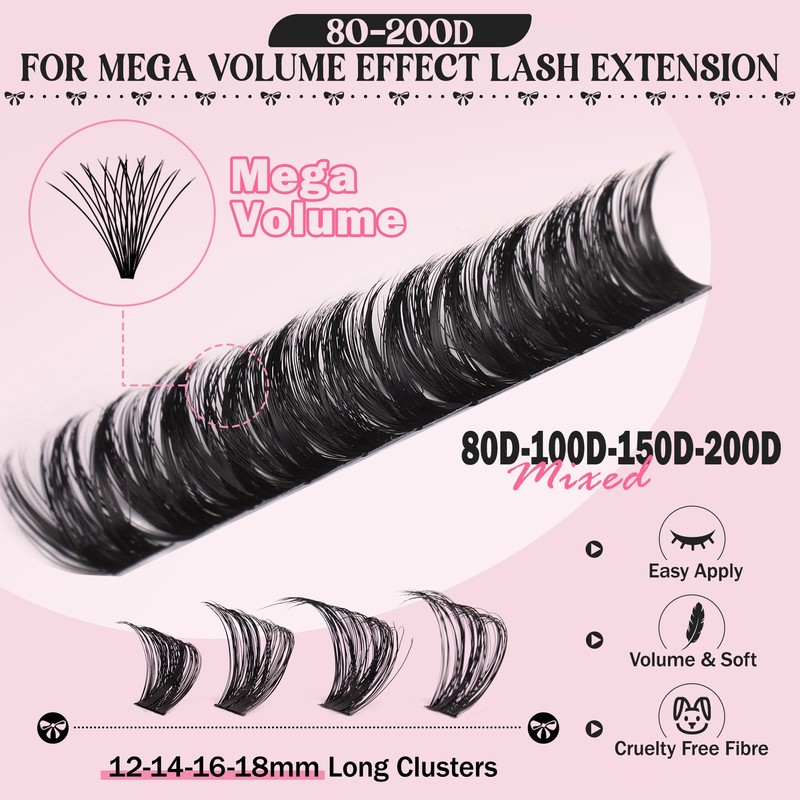 Goddvenus Eyelashes Cluster Lashes 14-20mm Thick Fluffy Individual Eyelashes 80D-200D