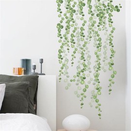 Green Plants Leaves Wall Decals, Hanging Green Vine Vinyl Wall Decal Stickers, Removable Peel and Stick Floral Flower Leaf Wall Art Decorations for Home Bedroom Living Room Sofa Background Office (A)