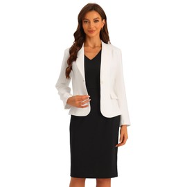 Allegra K Women's Suit Sets Business 2-Piece Outfit Plain V-Neck Office Dress Notched Lapel Blazer, White