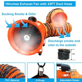 FLAPKWAN 10’’ 1536 CFM Utility Blower 320W Portable Industrial Ventilation Exhaust Fan with 33ft Duct Hose for Sucking Dust, Smoke, Odor and Overspray at Home and Workplace