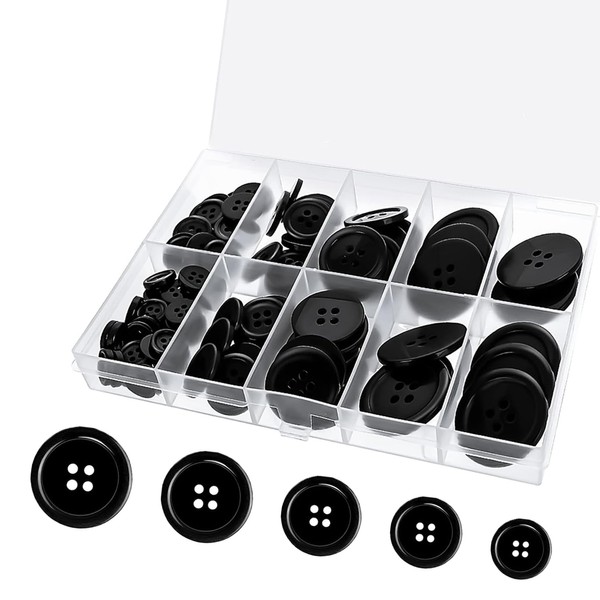 100pcs Round Resin Buttons,4 Hole Resin Round Crafting Buttons with Storage Box,Sewing Buttons,Black Buttons,Plastic Buttons for Sewing Blazer Knitting Cardigans DIY Crafts,25/20/15/12/10 mm