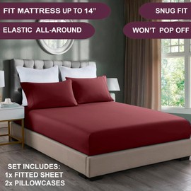 NIM TEXTILE Luxury Sheets 1600 TC Softness Deep Pocket 3pc Fitted Sheets Set - 1 Fitted Sheet and 2 Pillowcases - Milano Collection Bedding - Burgundy, Full
