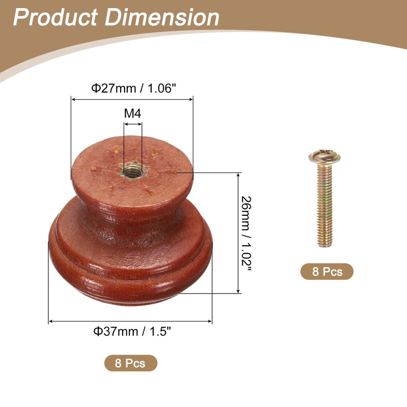 sourcing map 8pcs Round Wooden Knobs, 37mm/1.5" Mushroom Shape Kitchen