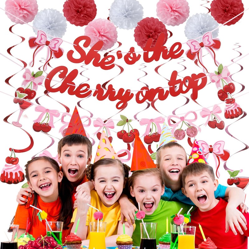 Cherry Birthday Party Decorations,She's The Cherry On Top Banner,9pcs Tissue
