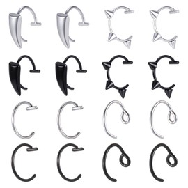 Alrhso 16 Pcs Fake Lip Ring Fake Snake Bite Non-Piercing Lip Cuff Ear Cuff Stainless Steel Vampire Teeth Ring Septum Nose Piercing Set for Women Men (Black Silver)