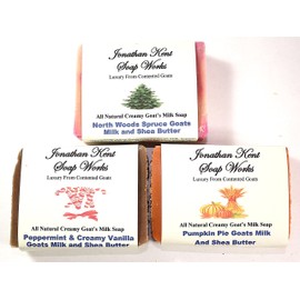 Jonathan Kent Goats Milk Soap, Saturated with 100% Creamy Farm Fresh Goats Milk, with Shea Butter, No Water – CHILDHOOD MEMORIES 3 BAR Sampler, Pumpkin Pie, Peppermint Vanilla, Northern Spruce