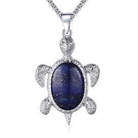 Lapis Lazuli Sea Turtle Necklaces Natural Gemtone Necklace Healing Crystal Animal Pendant Necklaces with Silver Plated Chain for Women Men Birthday Christmas Gifts