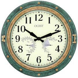 OCEST 16 Inch Indoor Outdoor Clock, Waterproof Wall Clock with Thermometer Hygrometer, Silent Non-Ticking Battery Operated Decor for Home Decor, Patio(Retro Green)