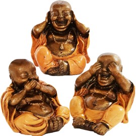 Stoneage Arts Three Wise Buddha and Monk Bring Joyful Energy Evoking The Pictorial Maxim See No Evil Hear No Evil Speak No Evil Not to Dwell On Evil Thoughts (Set 3 / Buddha, Orange)