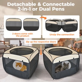 2-in-1 Pop Up Cat Playpen, Detachable into 2 Separate Pens with Additional Doors, Assembly-Free Portable Dog Crates Pet Pen Tent Kennel Kitten Puppy Enclosure Cage Indoor Outdoor Foldable Condo(S)