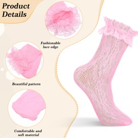 JIEYAO 4 Pairs Lace Ruffle Frilly Ankle Socks for Women, Soft Comfortable Cute Princess Dress Socks Lolita Accessories(Black, White, Pink, Gray)
