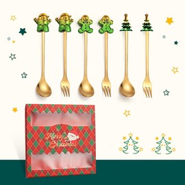 OUSHOP - Juego de cuchara y tenedor de 6 piezas de Navidad con diseño de dibujos animados, juego de cuchara y tenedor de acero inoxidable (juego de...